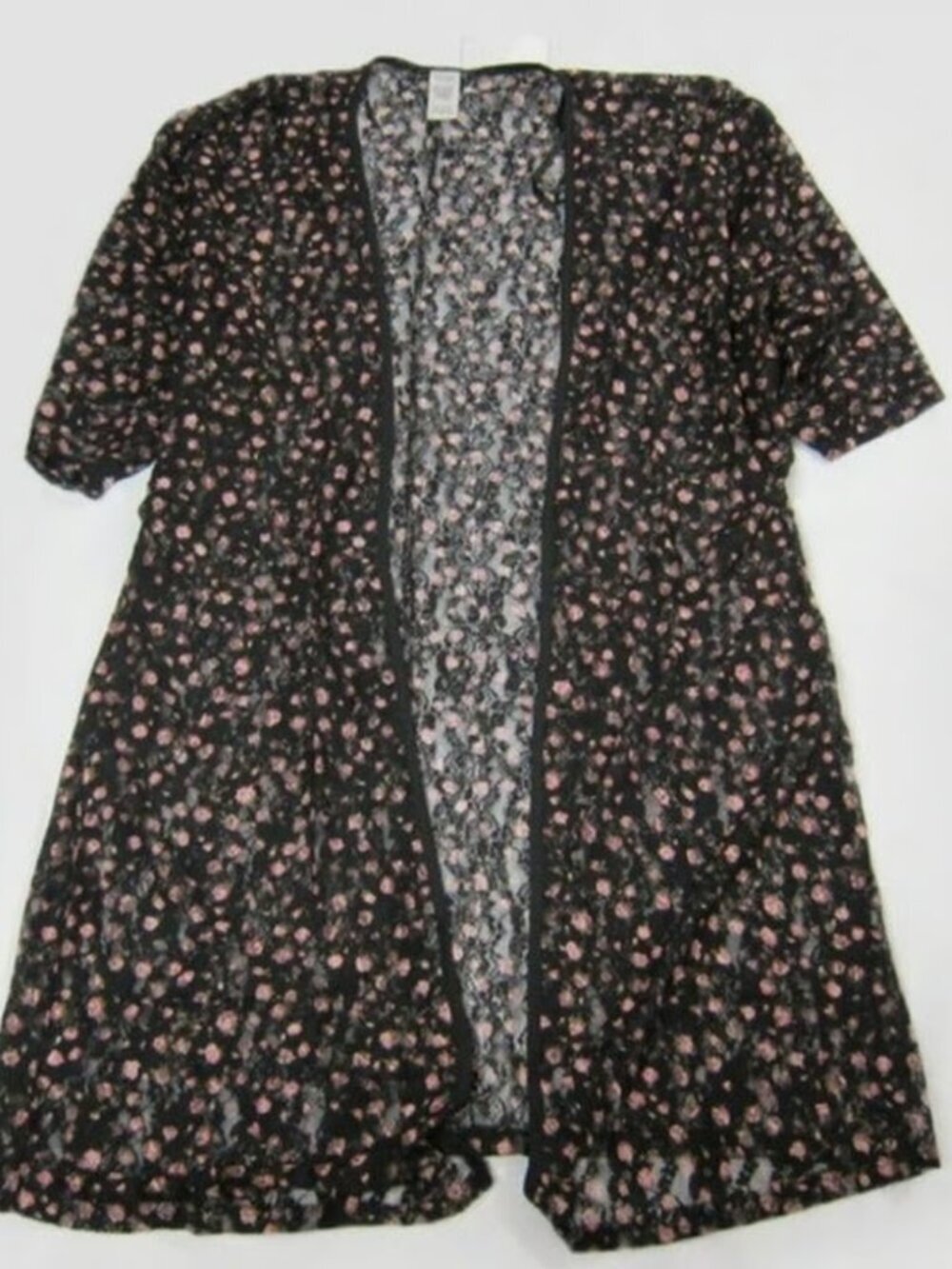 NWT Deb Black Lace Pink Floral Duster Kimono Top Medium Short Sleeve Open Front